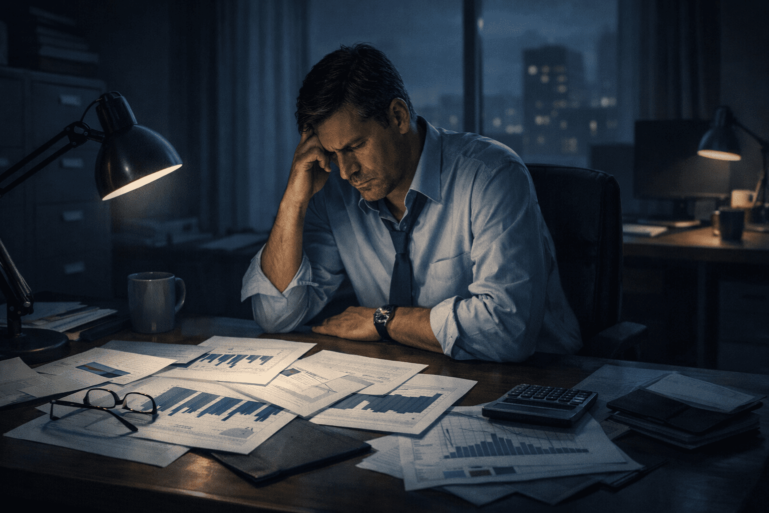 늦은 밤 사무실에서 혼자 책상에 앉아 재무 서류와 투자 차트를 바라보며 잘못된 투자 결정에 대한 후회와 경제적 부담을 느끼는 직장인 모습