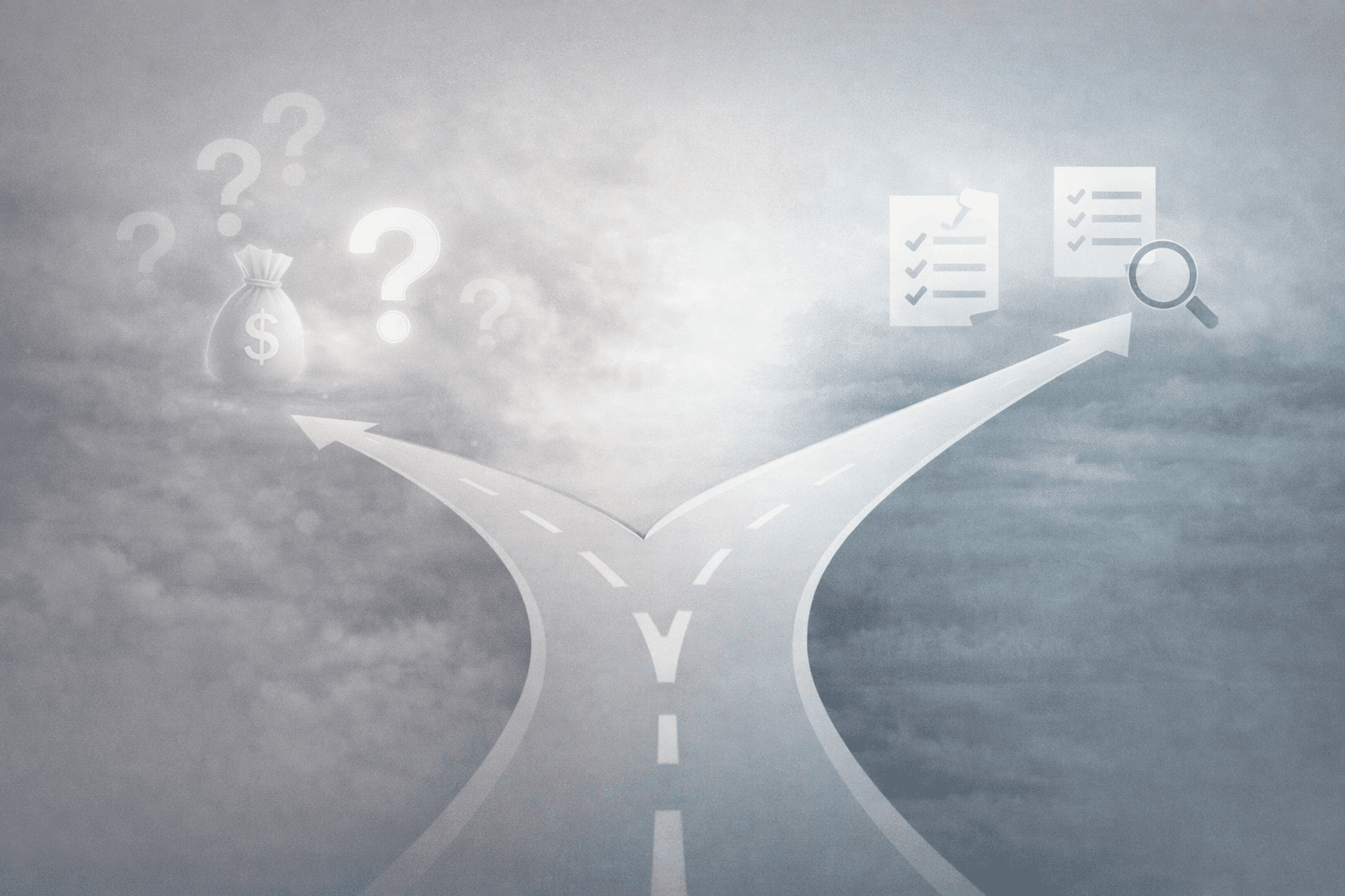 투자 의사결정의 갈림길을 상징적으로 표현한 이미지로, 안개에 가려진 불확실한 투자 경로와 명확한 기준과 구조를 갖춘 합리적 투자 경로를 비교하는 장면